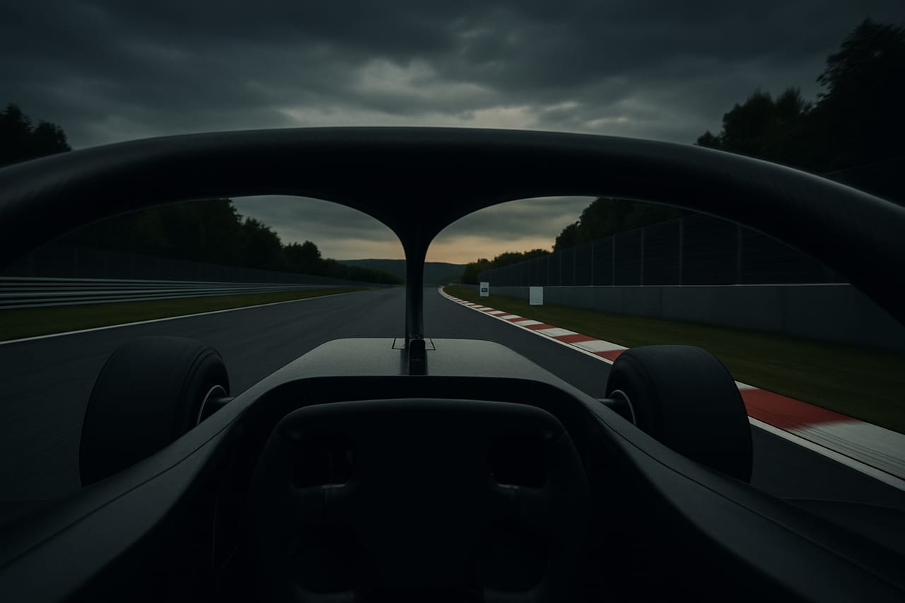Cockpit view approaching a braking zone at the end of a straight