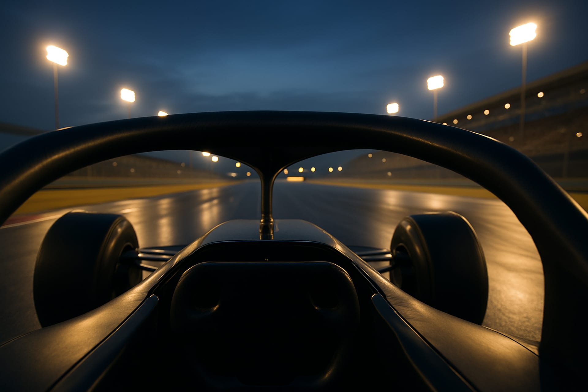 Cockpit view heading out onto a floodlit circuit at dusk